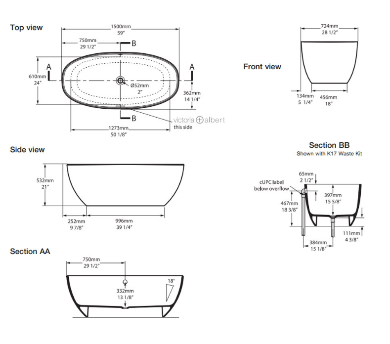 Victoria + Albert BARCELONA I FREESTANDING BATH W/VOID 1500 X 724 X 532 - WHITE