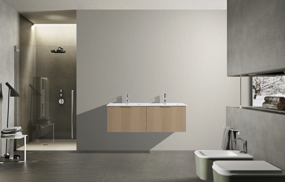 DNW WALL HUNG Plywood VANITY FLUTED OAK 1200MM DOUBLE BASIN