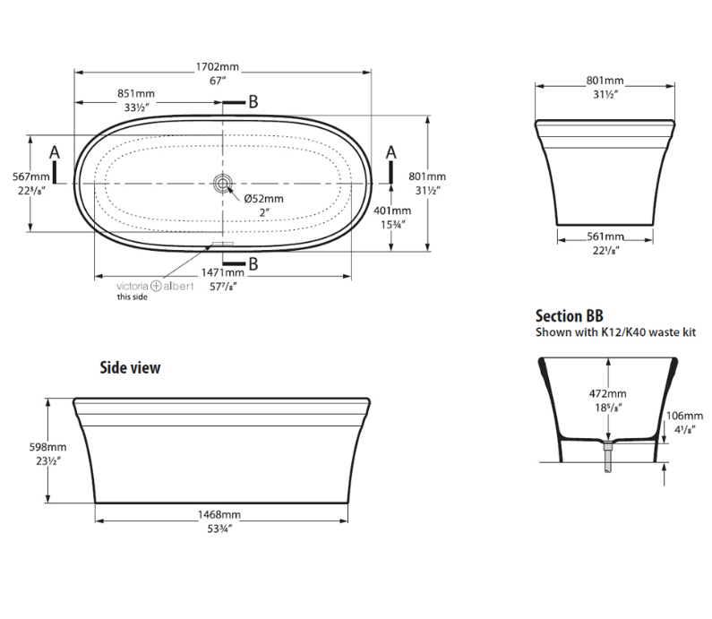 Victoria + Albert WARNDON FREESTANDING BATH 1702 X 801 X 598