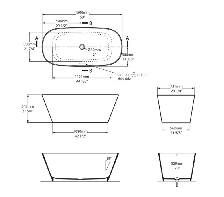 Victoria + Albert VETRALLA QUARRYCAST FREESTANDING BATH 1500 X 731 X 548 - WHITE