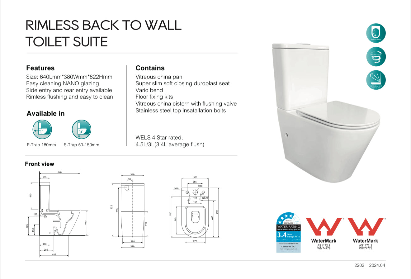 DN-2202C Ceramic White Toilet Suite-Back to wall Rimless Two Piece Toilets