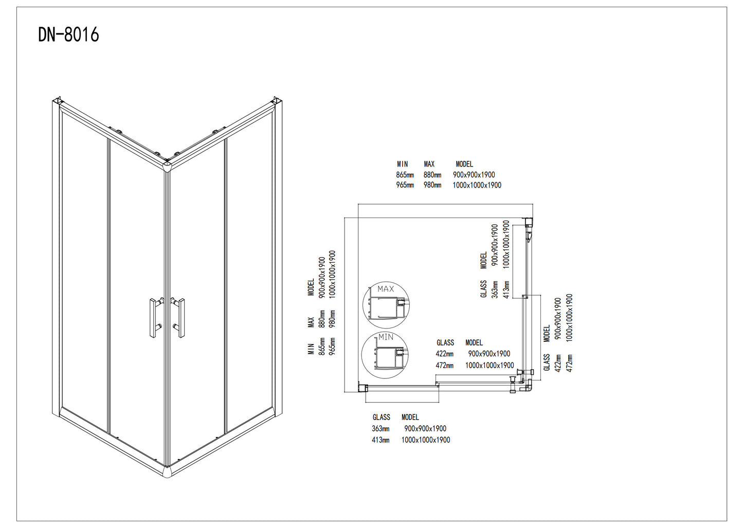 DN8016 SHOWER BOX SQUARE TWO SIDE DOUBLE DOORS 900*900*1900MM High