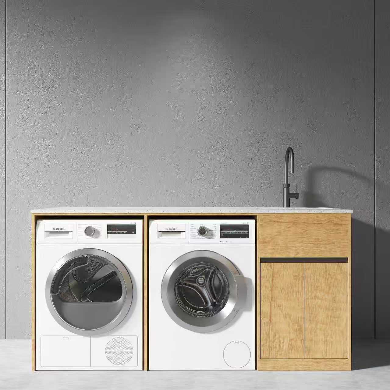 Free Standing PLYWOOD LAUNDRY STATION CABINET & MARBLE BENCH-Light Oak