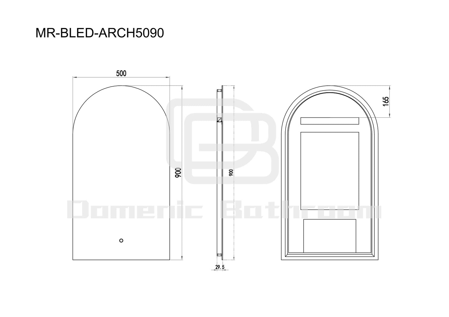 LED Mirror-BIANCA Arch backlit 500x900mm with Dimister Touch Switch