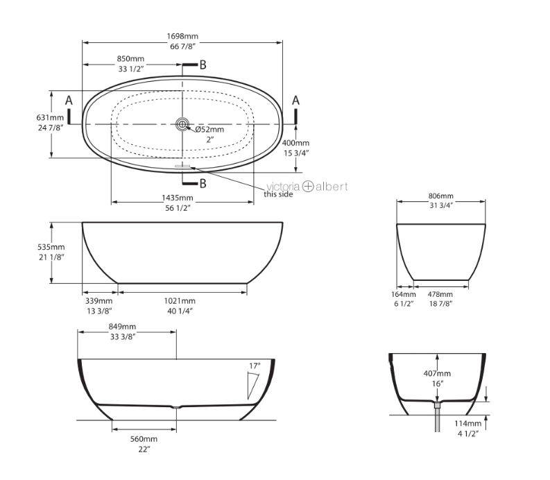 Victoria + Albert BARCELONA II FREESTANDING BATH W/VOID 1698 X 806 X 535