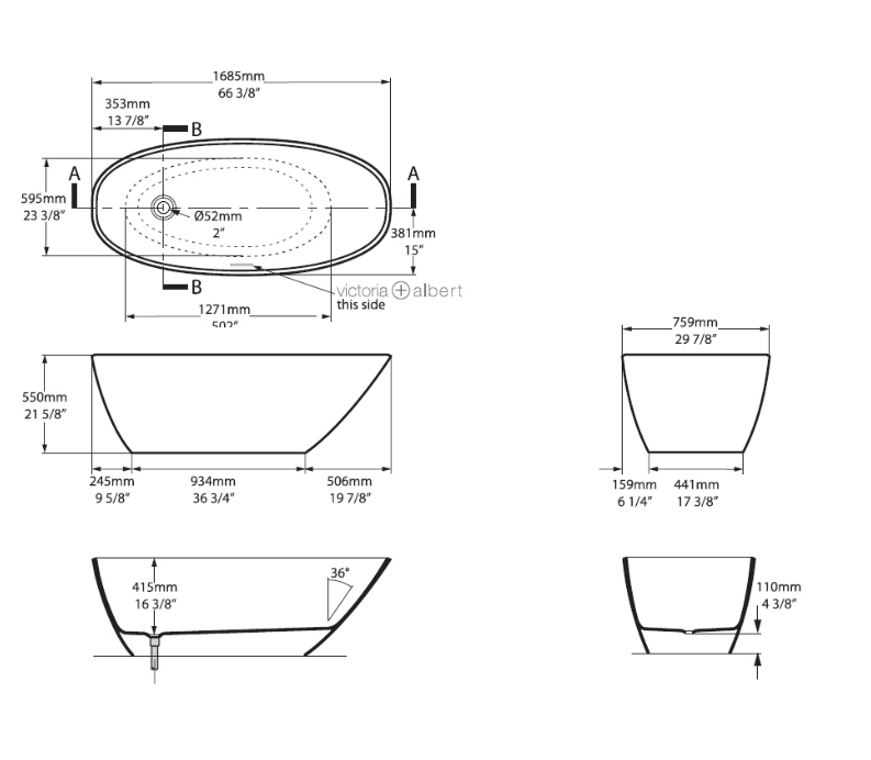 Victoria + Albert MOZZANO II FREESTANDING BATH W/VOID 1682L X 762W X 418/533H