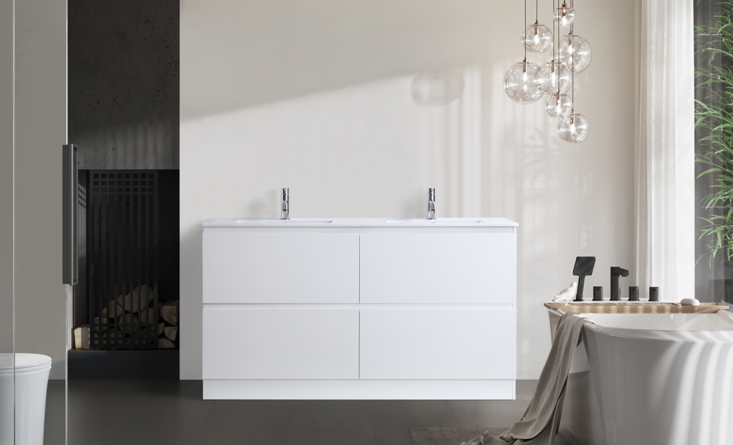 DNF FloorStanding Plywood DOUBLE DRAWERS VANITY GLOSSY WHITE PAINT FINISHED 1500MM DOUBLE BASIN