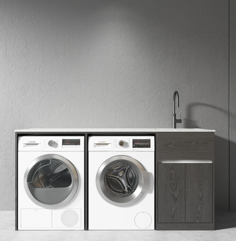 Free Standing PLYWOOD LAUNDRY STATION CABINET & MARBLE BENCH-MATTE BLACK