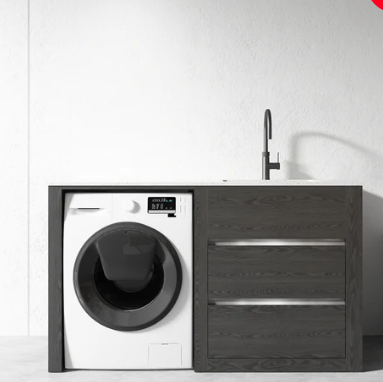 Free Standing PLYWOOD LAUNDRY STATION CABINET & MARBLE BENCH-MATTE BLACK