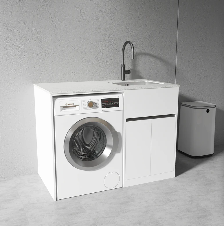 Free Standing PLYWOOD LAUNDRY STATION CABINET & MARBLE BENCH-MATTE WHITE
