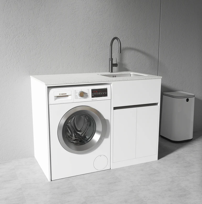 Free Standing PLYWOOD LAUNDRY STATION CABINET & MARBLE BENCH-MATTE WHITE
