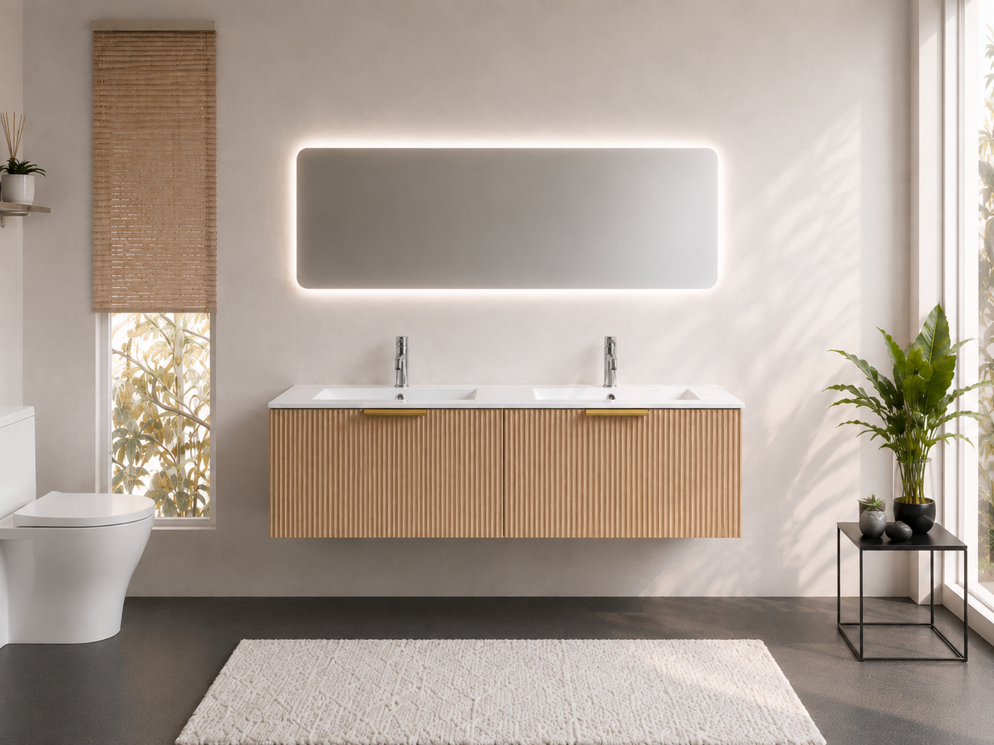 FLUTED OAK WALL HUNG Plywood VANITY 1200MM DOUBLE BASIN