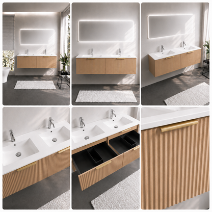 FLUTED OAK WALL HUNG Plywood VANITY 1500MM DOUBLE BASIN