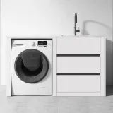 Free Standing PLYWOOD LAUNDRY STATION CABINET & MARBLE BENCH-MATTE WHITE