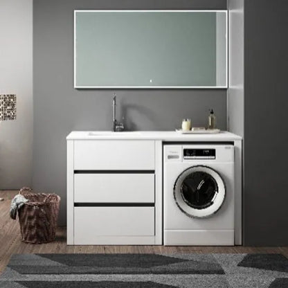 Free Standing PLYWOOD LAUNDRY STATION CABINET & MARBLE BENCH-MATTE WHITE