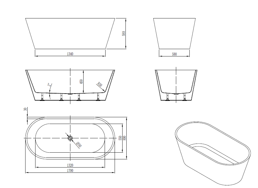 Oval Bathtub WITHOUT OVERFLOW Freestanding Acrylic White