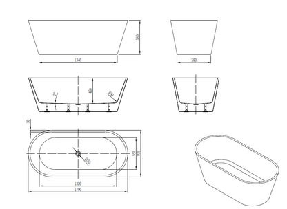 Oval Bathtub WITHOUT OVERFLOW Freestanding Acrylic White
