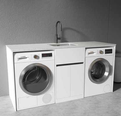 1800MM White Laundry Tub-Plywood Cabinet & Marble Bench with Stainless Steel Sink - MATTE WHITE MIDDLE SINK