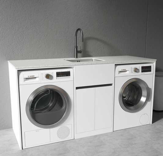 1800MM White Laundry Tub-Plywood Cabinet & Marble Bench with Stainless Steel Sink - MATTE WHITE MIDDLE SINK