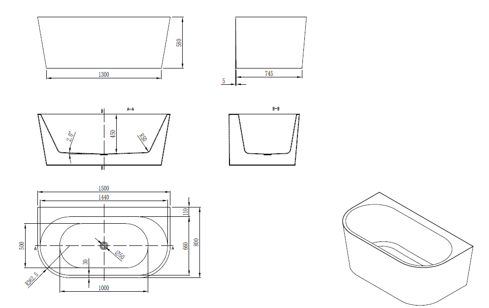 Back to wall Bathtub WITHOUT OVERFLOW Freestanding Acrylic White