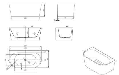 Back to wall Bathtub WITHOUT OVERFLOW Freestanding Acrylic White