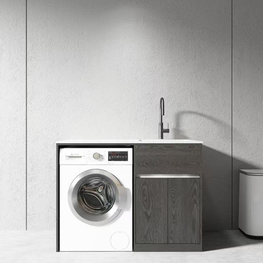 Free Standing PLYWOOD LAUNDRY STATION CABINET & MARBLE BENCH-MATTE BLACK