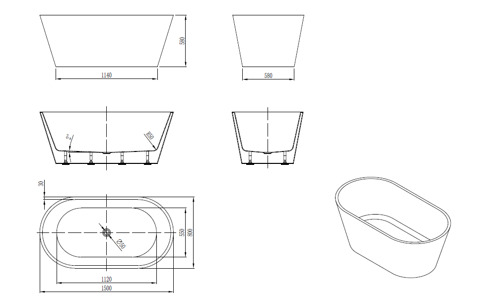 Oval Bathtub WITHOUT OVERFLOW Freestanding Acrylic White
