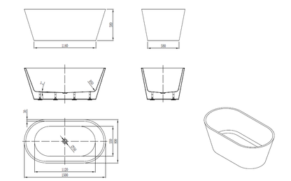 Oval Bathtub WITHOUT OVERFLOW Freestanding Acrylic White