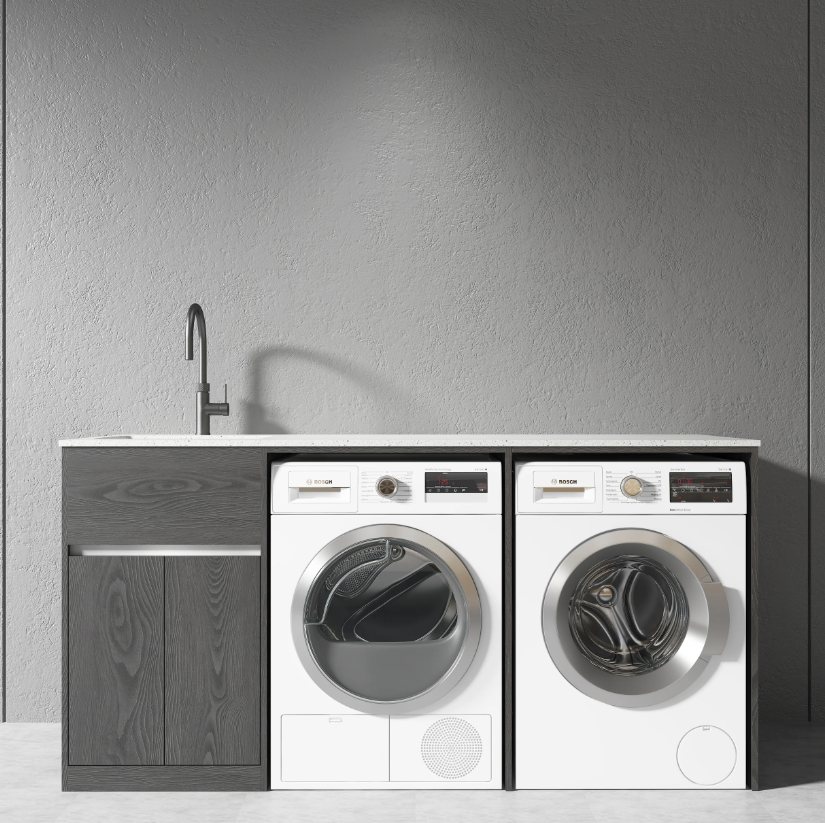 Free Standing PLYWOOD LAUNDRY STATION CABINET & MARBLE BENCH-MATTE BLACK