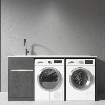 Free Standing PLYWOOD LAUNDRY STATION CABINET & MARBLE BENCH-MATTE BLACK