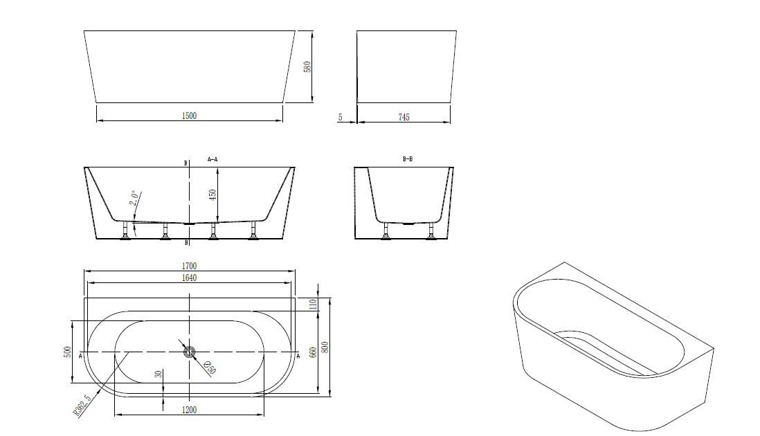 Back to wall Bathtub WITHOUT OVERFLOW Freestanding Acrylic White