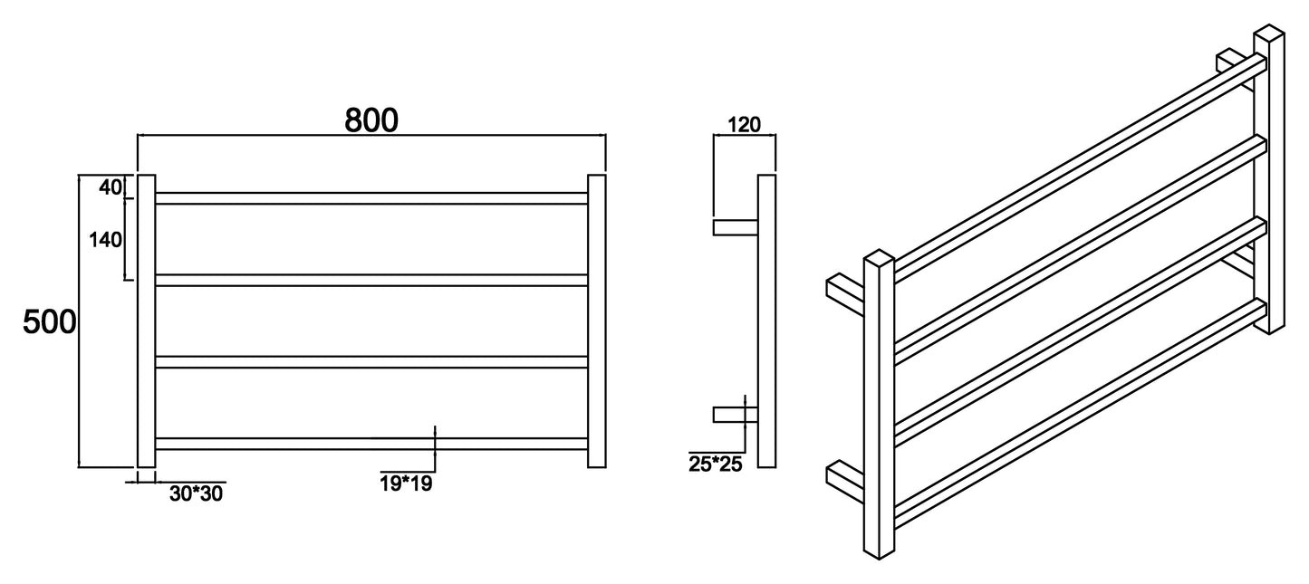 Heated Towel Rails 500H*800W Square 4 Bars Chrome