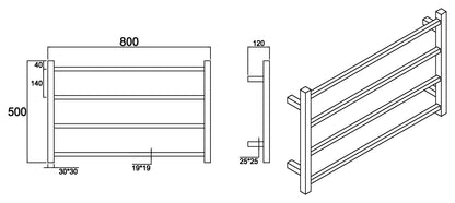 Heated Towel Rails 500H*800W Square 4 Bars Chrome