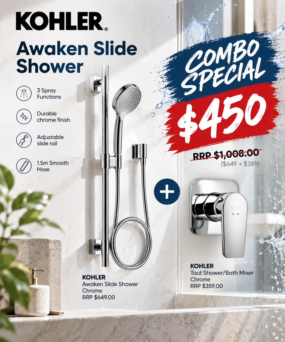 Special Deal - Kohler shower mixer + Shower Slide - Chrome