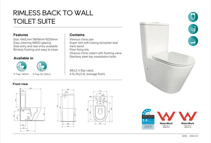 DN-2202C Ceramic White Toilet Suite-Back to wall Rimless Two Piece Toilets