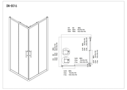 DN8016 SHOWER BOX SQUARE TWO SIDE DOUBLE DOORS 900*900*1900MM High