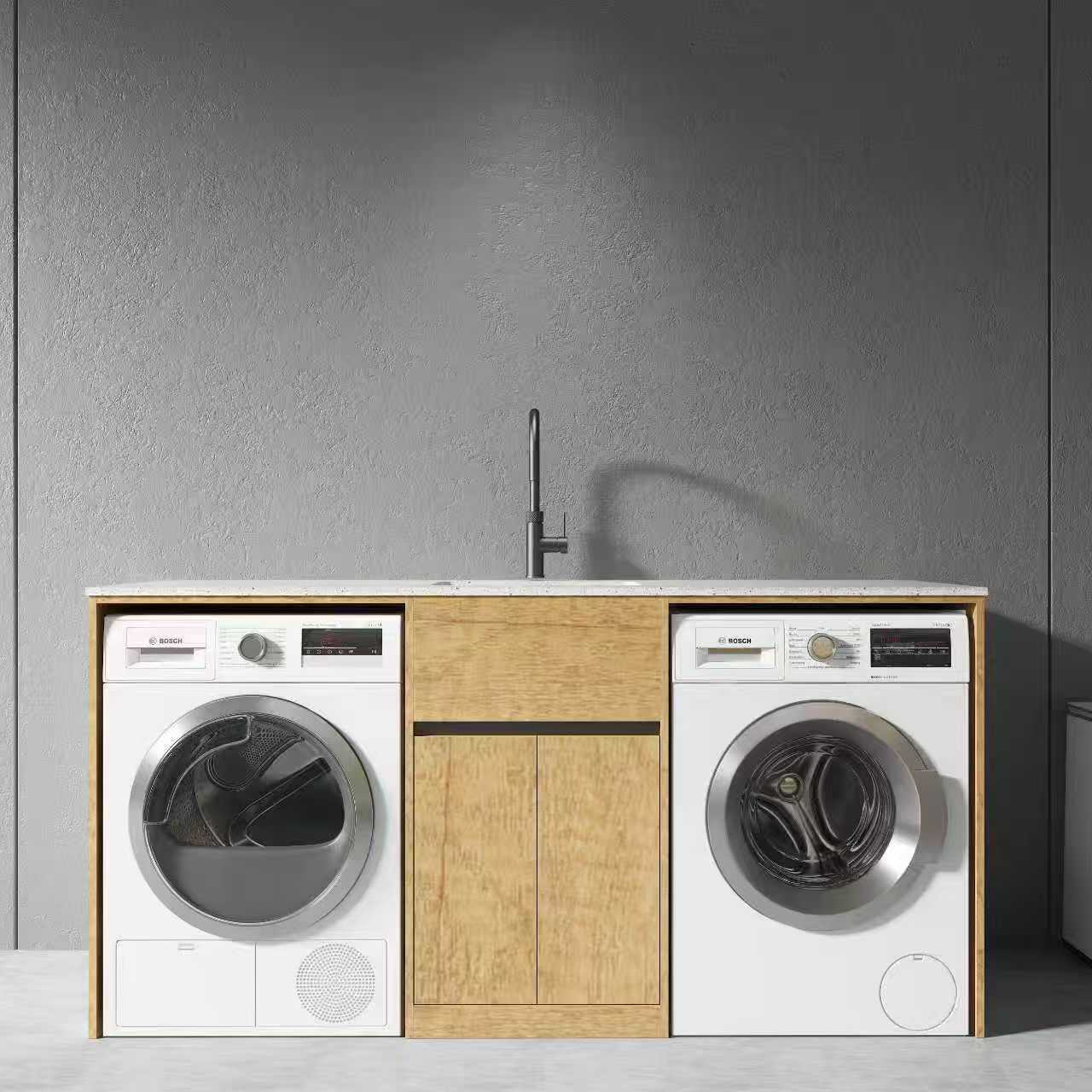 1800MM White Laundry Tub-Plywood Cabinet & Marble Bench with Stainless Steel Sink - MATTE WHITE MIDDLE SINK