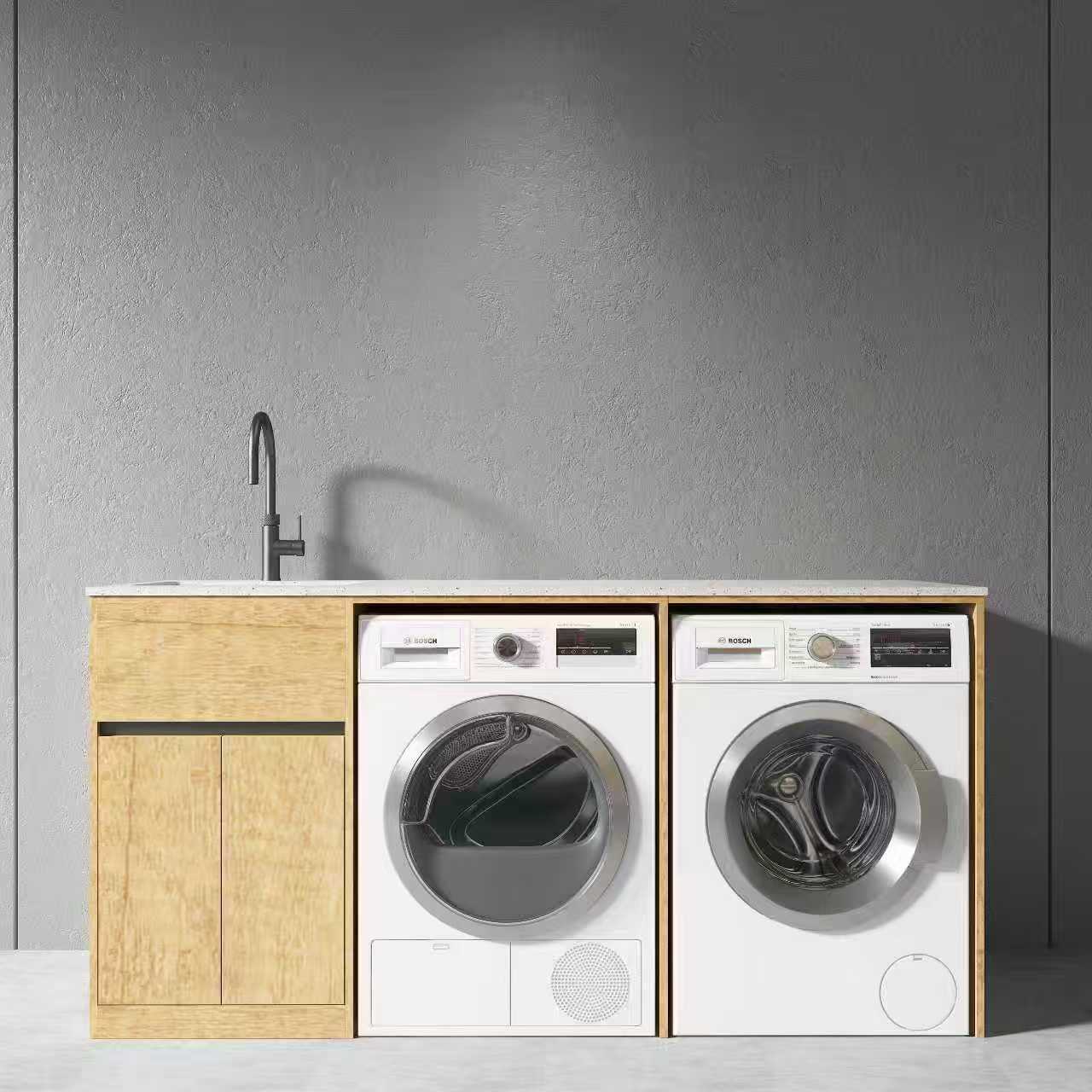 Free Standing PLYWOOD LAUNDRY STATION CABINET & MARBLE BENCH-Light Oak