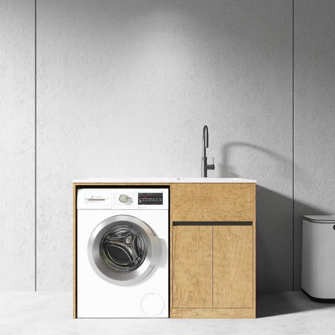 Free Standing PLYWOOD LAUNDRY STATION CABINET & MARBLE BENCH-Light Oak