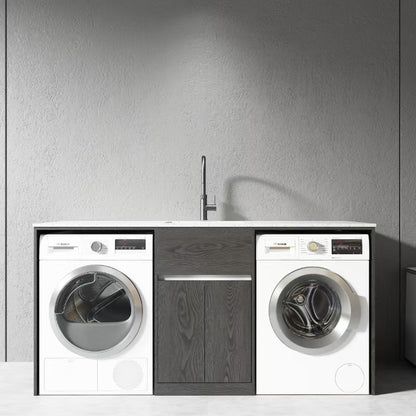 1800MM White Laundry Tub-Plywood Cabinet & Marble Bench with Stainless Steel Sink - MATTE WHITE MIDDLE SINK
