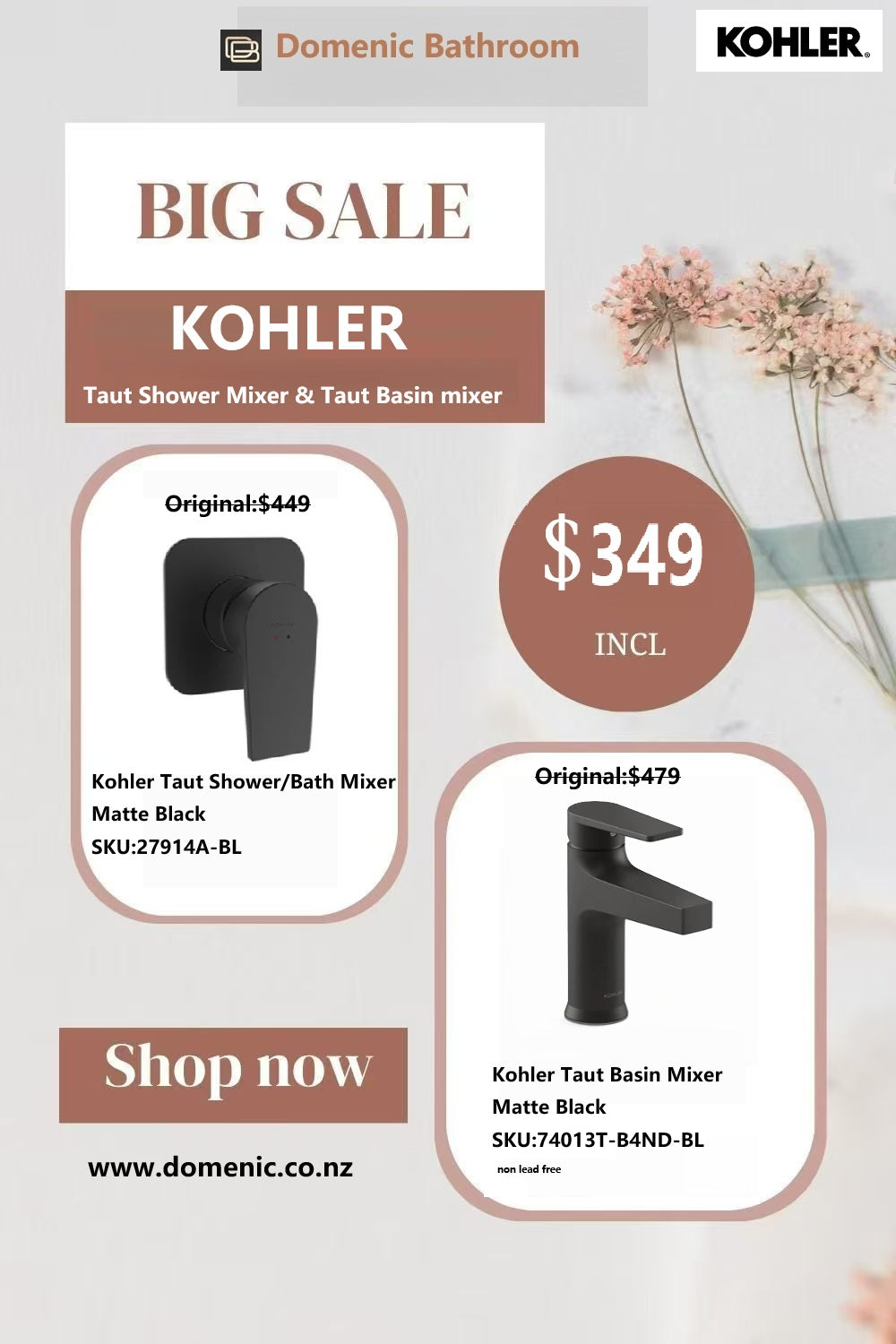 Clearance - KOHLER Taut Shower Mixer & Basin Mixer Combo MIAN PRESSURES