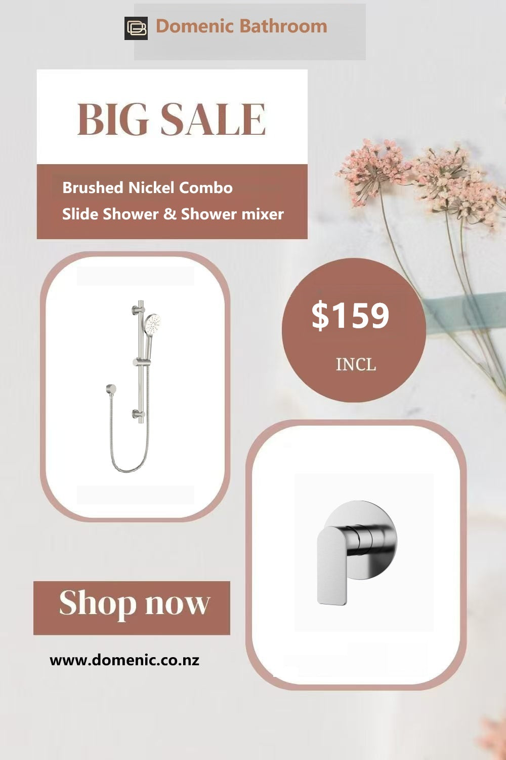 Clearance - Shower Mixer & Slide Shower Brushed Nickel Combo MIAN PRESSURES