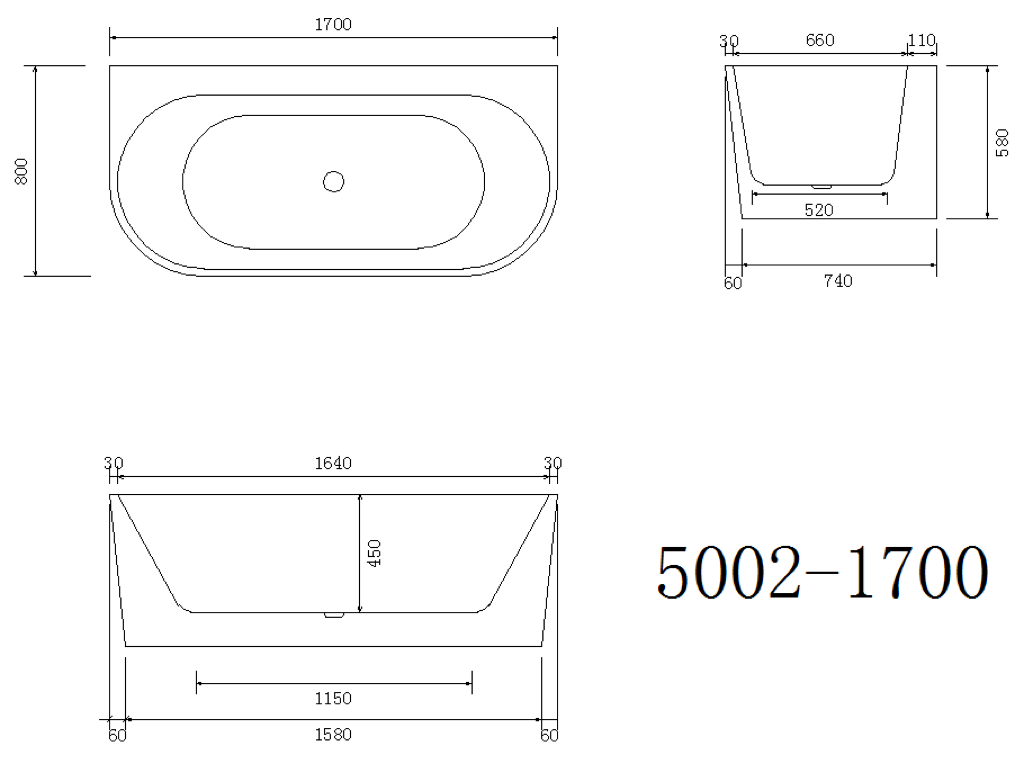 Back to wall Bathtub WITHOUT OVERFLOW Freestanding Acrylic White