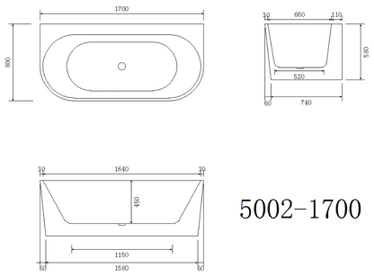 Back to wall Bathtub WITHOUT OVERFLOW Freestanding Acrylic White