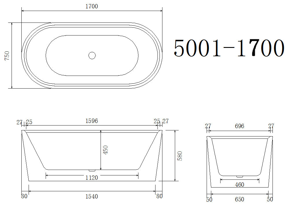 Oval Bathtub WITHOUT OVERFLOW Freestanding Acrylic White