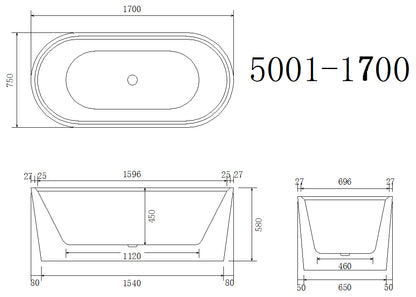 Oval Bathtub WITHOUT OVERFLOW Freestanding Acrylic White