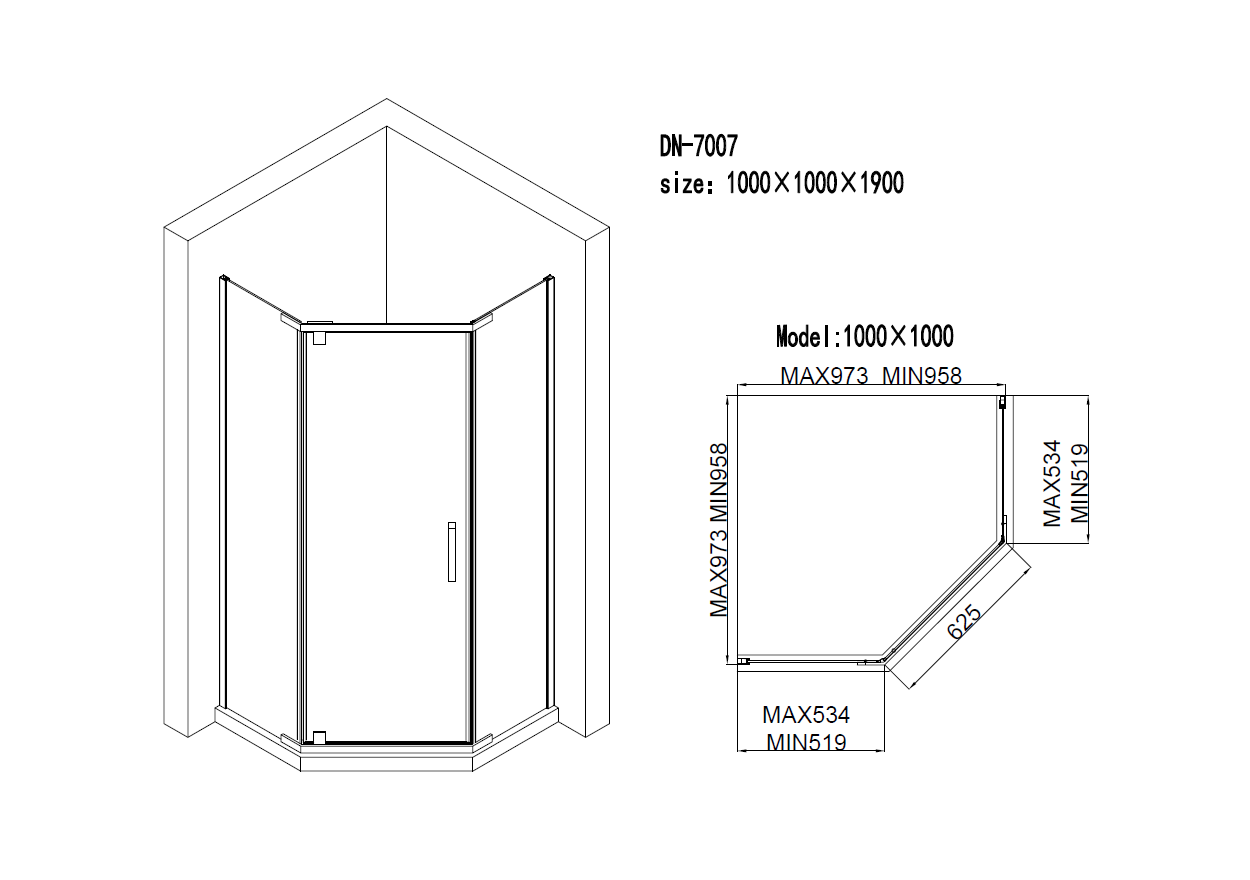 DN-7007 SHOWER GLASS DIAMOND SWING DOOR 1900MM HIGH