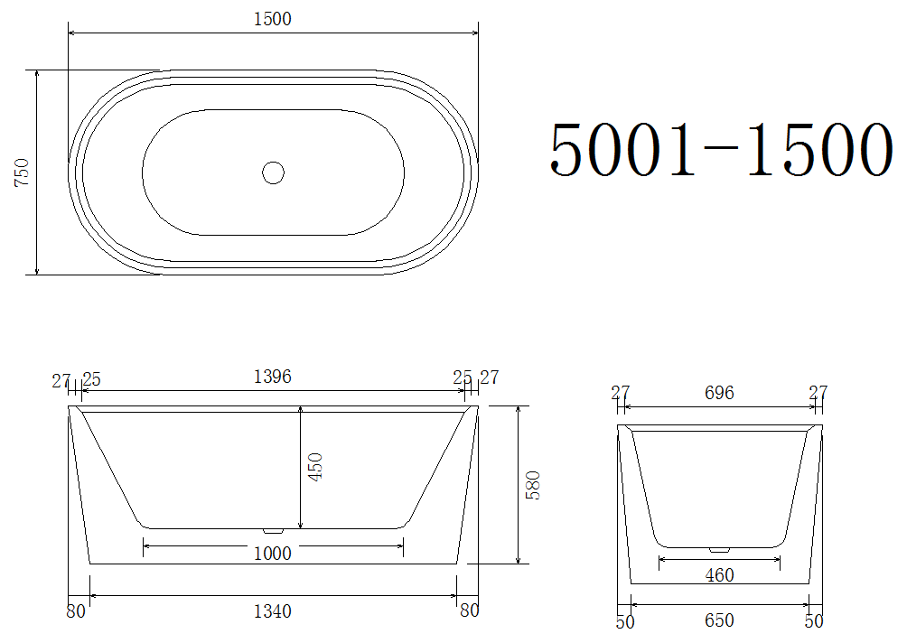 Back to wall Bathtub WITHOUT OVERFLOW Freestanding Acrylic White