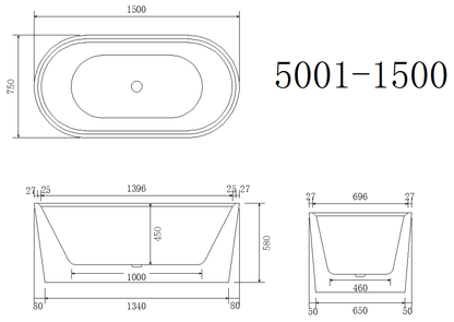 Back to wall Bathtub WITHOUT OVERFLOW Freestanding Acrylic White