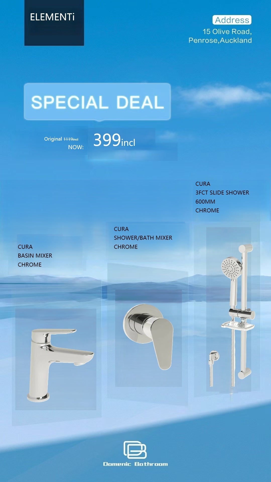 Elementi Main Pressures Only Basin Mixer&Shower Mixer&Shower Slide (Combo Set)